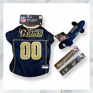 NWT! 4-Piece Set NFL RAMS Pet Jersey Collar Leash & Toy Football Fan Size M